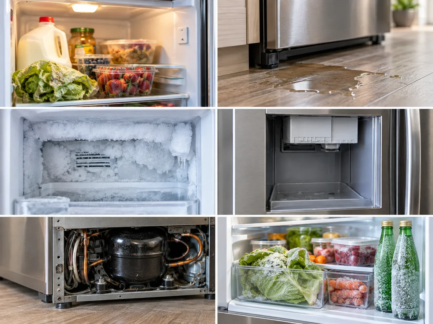 Common refrigerator problems including cooling, leaks, frost, ice maker and operation issues