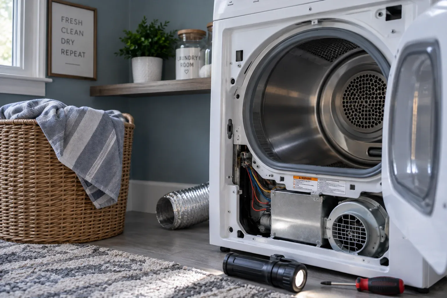 Clothes dryer during an in-home appliance service visit