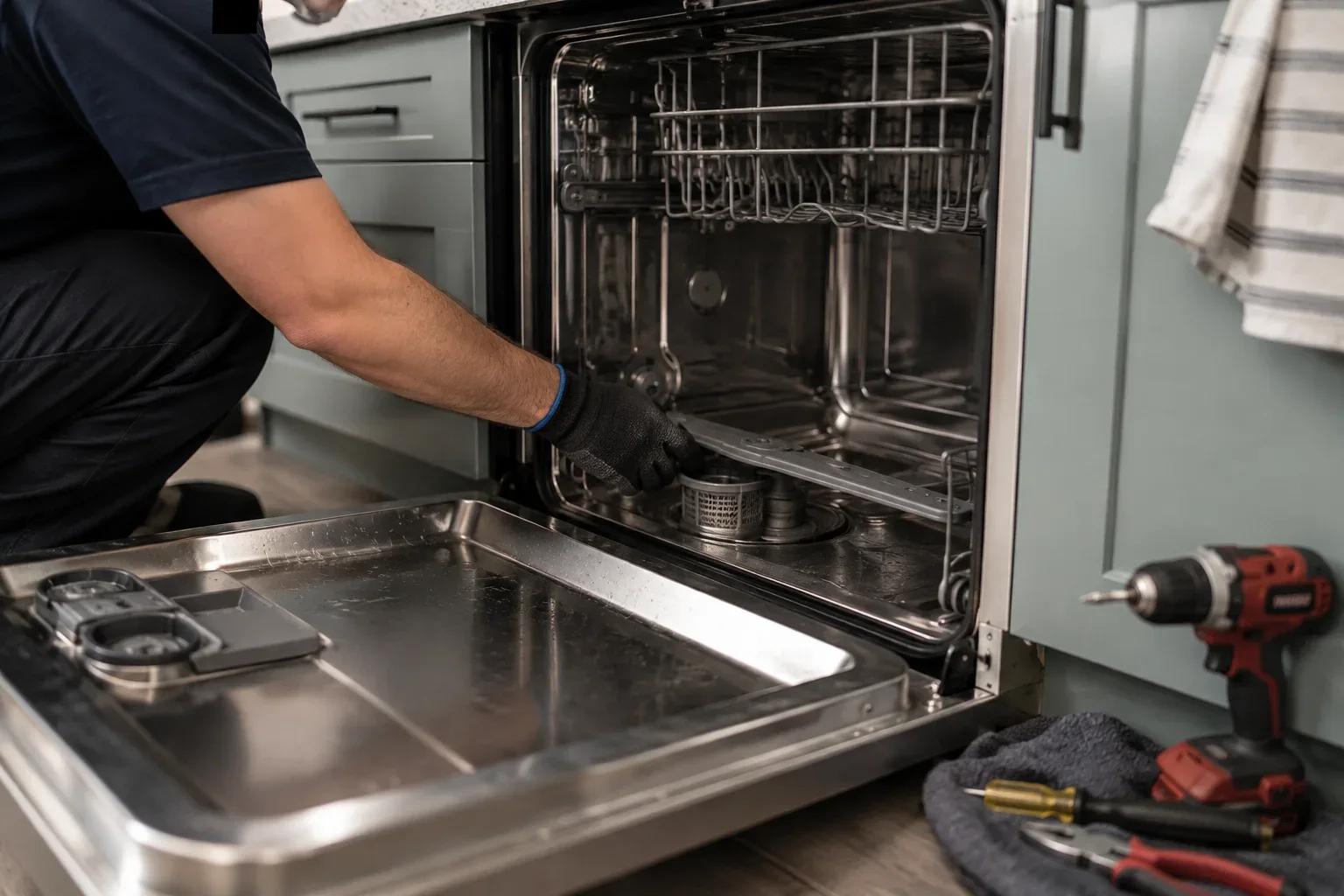 Dishwasher during an in-home appliance service visit